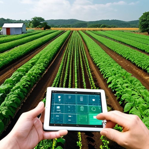 Home 4 **
A bustling smart farm with advanced sensors and automated systems amidst lush greenery. Farmers collaborate with AI technicians, analyzing data on tablets while tending to crops. The scene balances technological innovation with traditional farming practices, highlighting the blend of experience and data in sustainable agriculture.
**