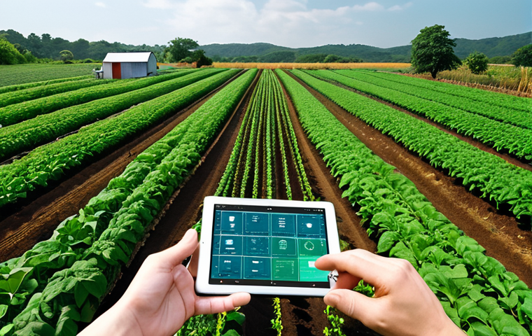 **

A bustling smart farm with advanced sensors and automated systems amidst lush greenery. Farmers collaborate with AI technicians, analyzing data on tablets while tending to crops. The scene balances technological innovation with traditional farming practices, highlighting the blend of experience and data in sustainable agriculture.

**